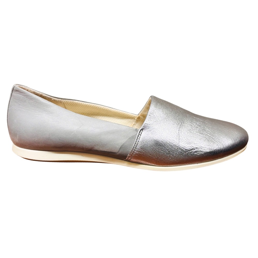 ECCO Women Silver Grey Metallic Leather Slip On Flats Loafers Size 39
